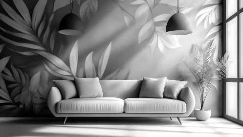 Monochrome sofa anchors botanical mural in modern living room