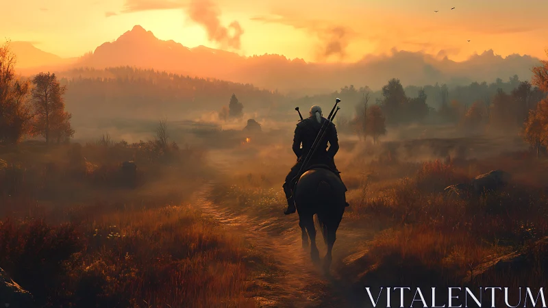 Rider with twin swords crossing misty valley at sunset