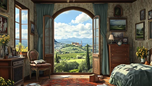 Sunlit country bedroom opening to idyllic valley view.