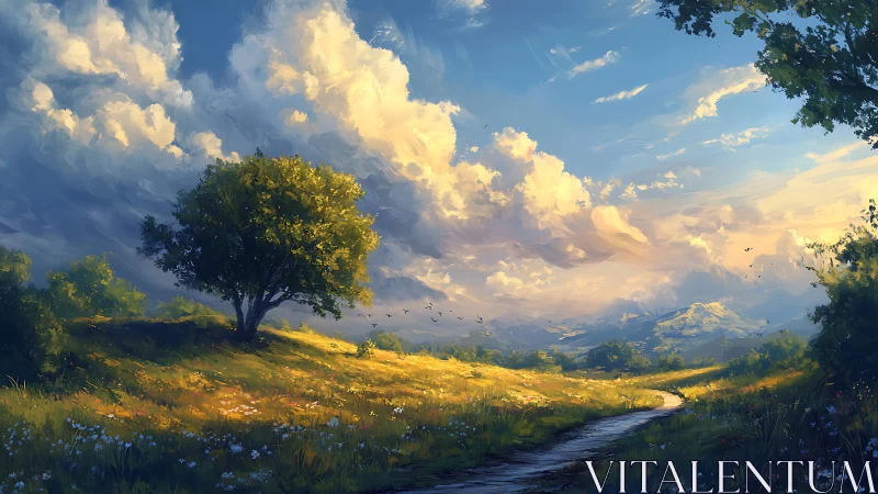 Sunny hillside meadow with lone tree, stream and clouds.