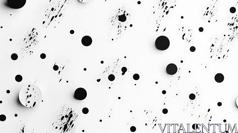 Black circular forms and splatter marks occupy white surface