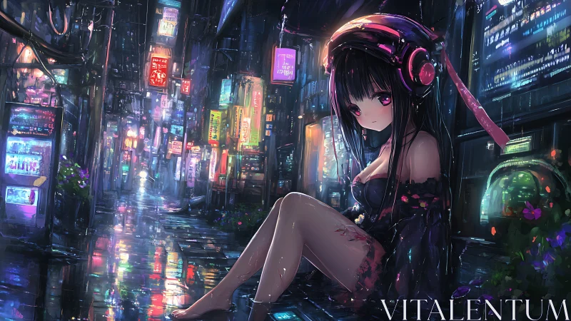 Neon rain hums while a lonely night listener guards the alley