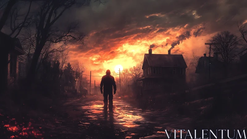 Lonely survivor strolls through ember-lit apocalypse street