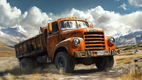 Old orange dump truck on rough dirt road in mountains.