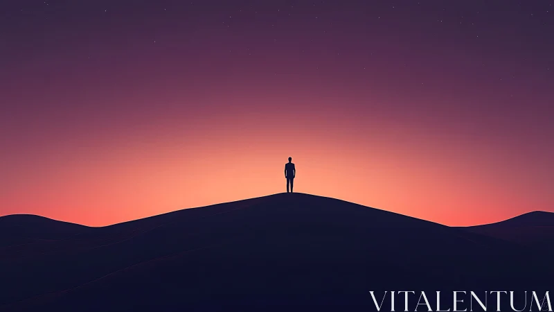 Lone dreamer crowns a silent dune beneath melting twilight