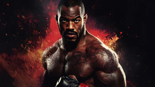 Male boxer portrait with red abstract splatter background.