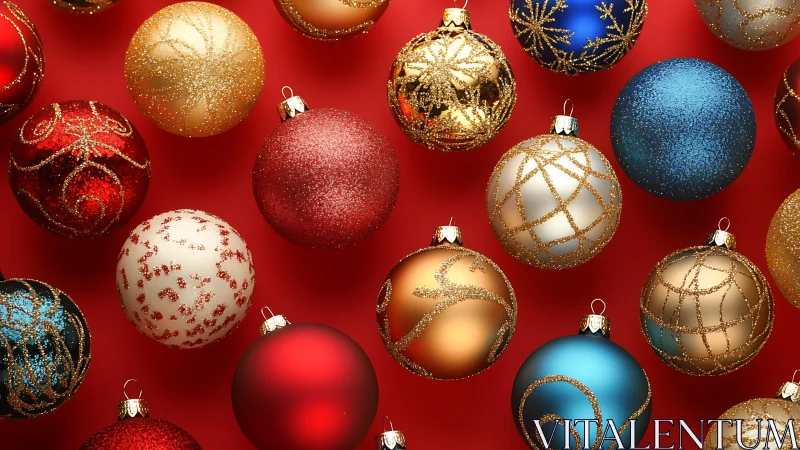 Glittered Christmas baubles on vibrant red background grid.