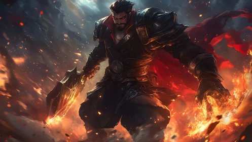 Armored fire warrior strides through a storm of embers