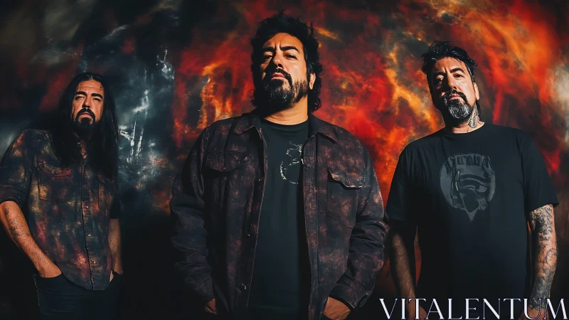 Rock trio against fiery abstract backdrop in moody portrait.