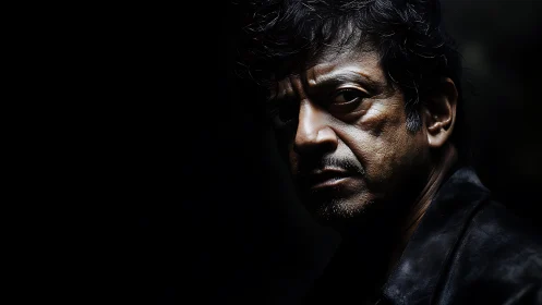 Intense low key portrait of middle aged man in shadow.