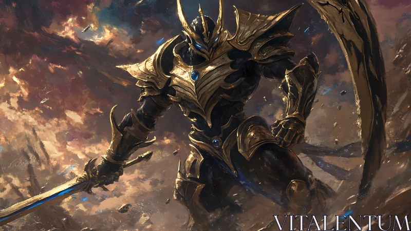 Armored dark knight stands in storm of debris and light