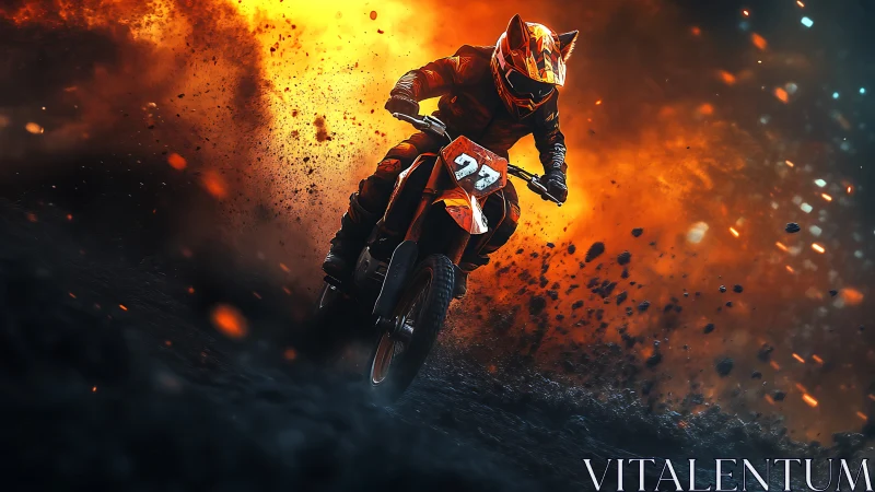 Motocross rider carving ash terrain in cinematic firestorm