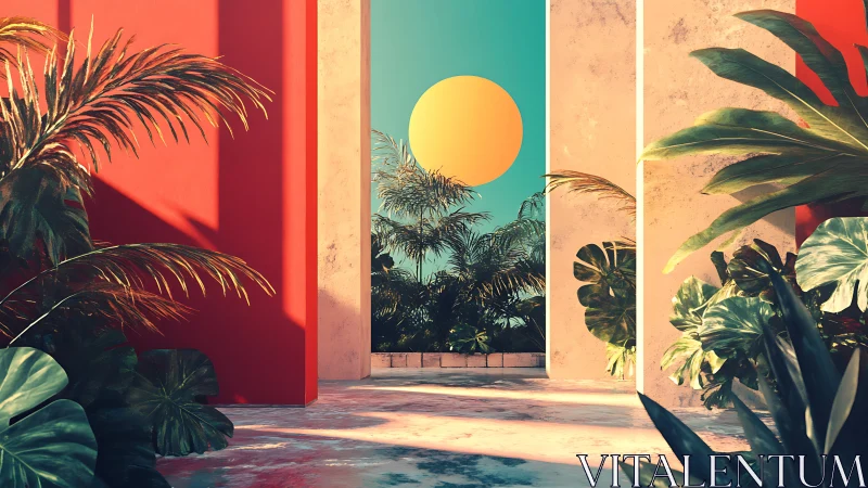 Geometric tropical courtyard uses saturated light and strong planar contrasts