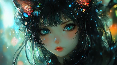 Iridescent cyber-nymph portrait with luminous bokeh refractions