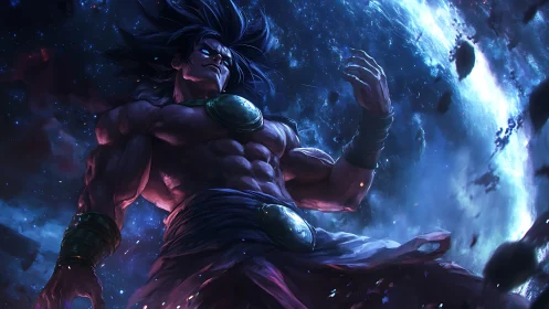 Cosmic warrior ascends through shattered celestial void.