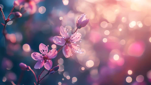 Pink Cherry Blossoms with Dewdrops and Bokeh Light.
