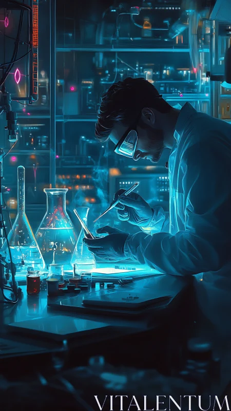 Futuristic neon lab scientist conducting high-tech experiment.
