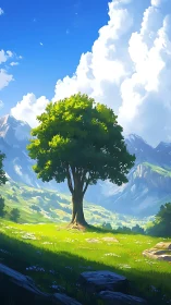 Solitary tree bathes in golden light beneath towering clouds