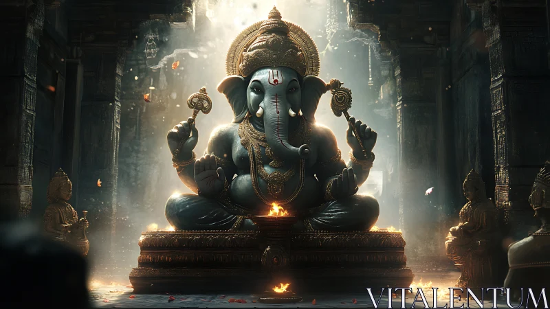 Divine Ganesha sculpture rendered with cinematic volumetric lighting