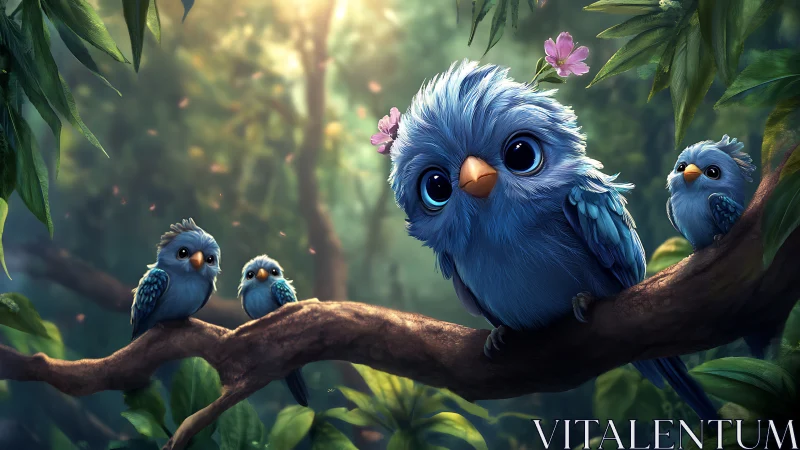Adorable Blue Cartoon Birds on Tree Branch in Lush Forest Setting.