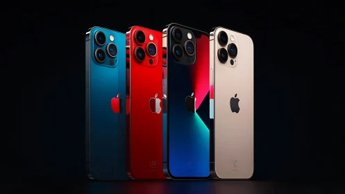 iPhone 13 Pro models displayed in blue, red, graphite, and silver colorways.