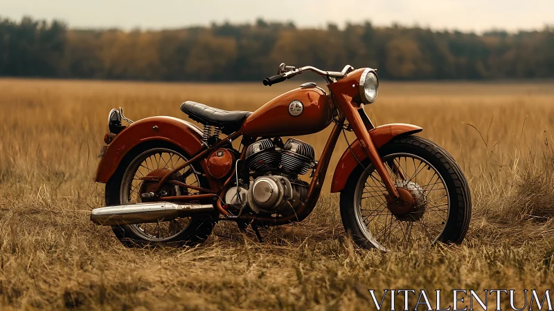 Vintage motorcycle stands in dry grass under overcast sky