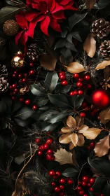 Festive poinsettias, pinecones, and berries create rich holiday charm.