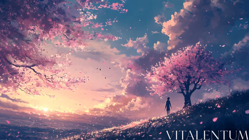 Silhouette near cherry tree on sloped field at sunset.