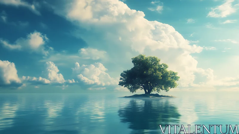 Solitary Tree Standing on Island Amid Serene Waters