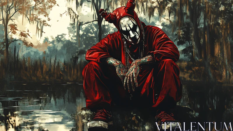 Hooded jester figure broods by swamp at dusk in red garb.