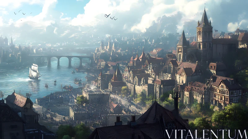 Digital painting of sunlit medieval riverside city panorama.