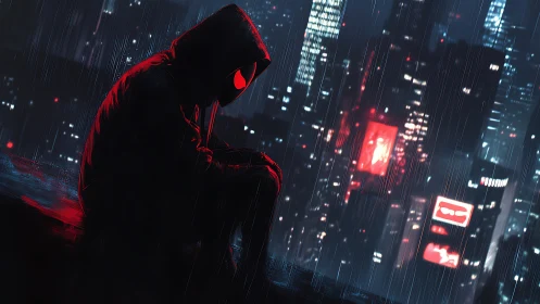 Hooded figure on rooftop in rainy neon cityscape at night.