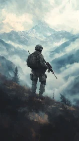 Solitary soldier overlooking misty alpine valley at dawn.