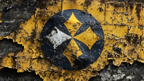 Rust-bitten emblem blooms through cracked yellow steel skin.