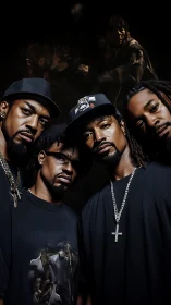 Photoreal group portrait with dramatic low-key studio lighting.