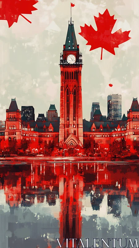 Parliament Hill clock tower glows in bold Canadian reds.
