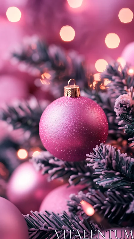 Cozy pink Christmas ornament glowing on frosted tree branches.