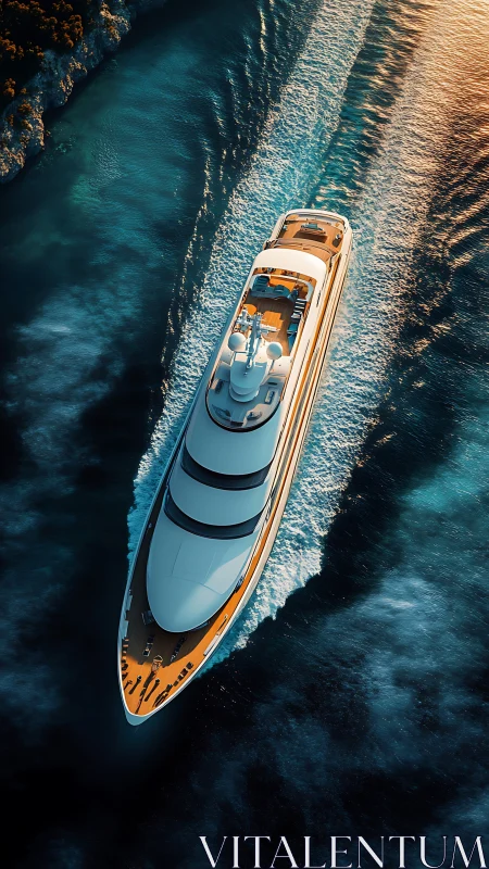 Luxury superyacht cuts through teal waters at golden sunset
