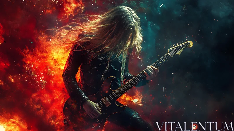 Pyrotechnic metal guitarist amid explosive chromatic nebulae.