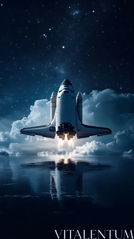 Space shuttle night launch over reflective water surface.