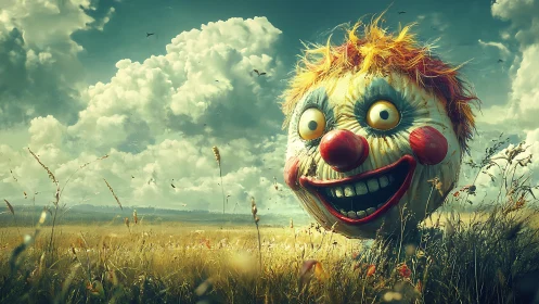 Giant clown head drifting through a wild summer meadow.
