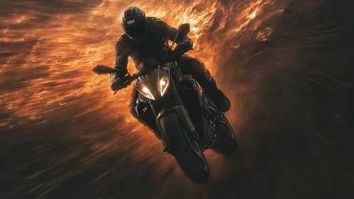 Lone night rider carving a fiery trail through the dark.