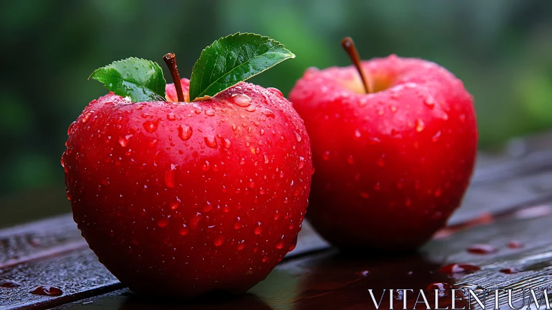 Photorealistic close-up of dewy red apples on wet wood.