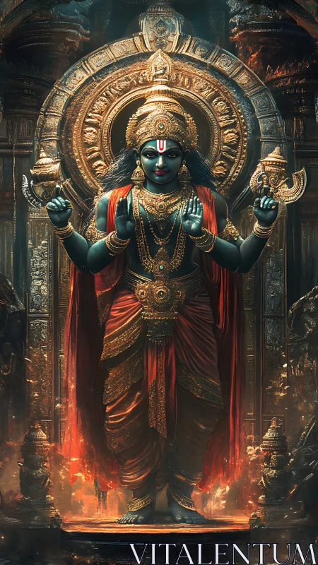 Divine blue deity stands radiant amid molten temple glow