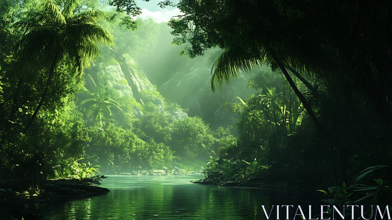 Emerald hush over a hidden jungle riverway at daybreak.