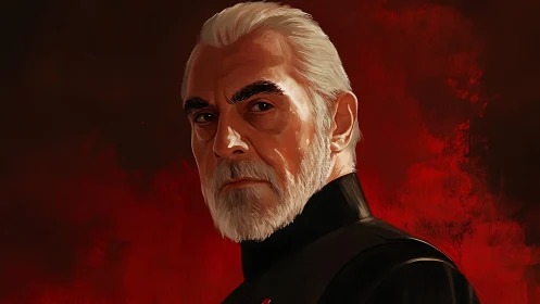 Digital portrait shows older man against textured red field