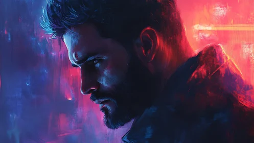 Moody male profile in neon blue and red lighting portrait.