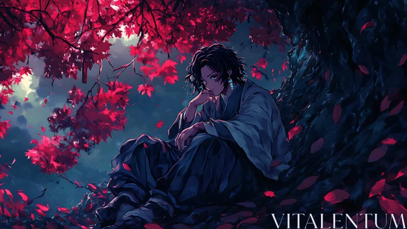 Melancholic samurai rests beneath glowing crimson maple canopy