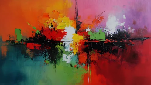 Vivid Abstract Cityscape with Bold Colors and Textured Brushstrokes.