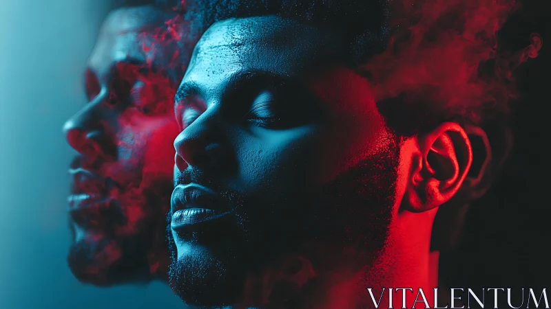 Moody dual portrait glows in neon blue and red haze